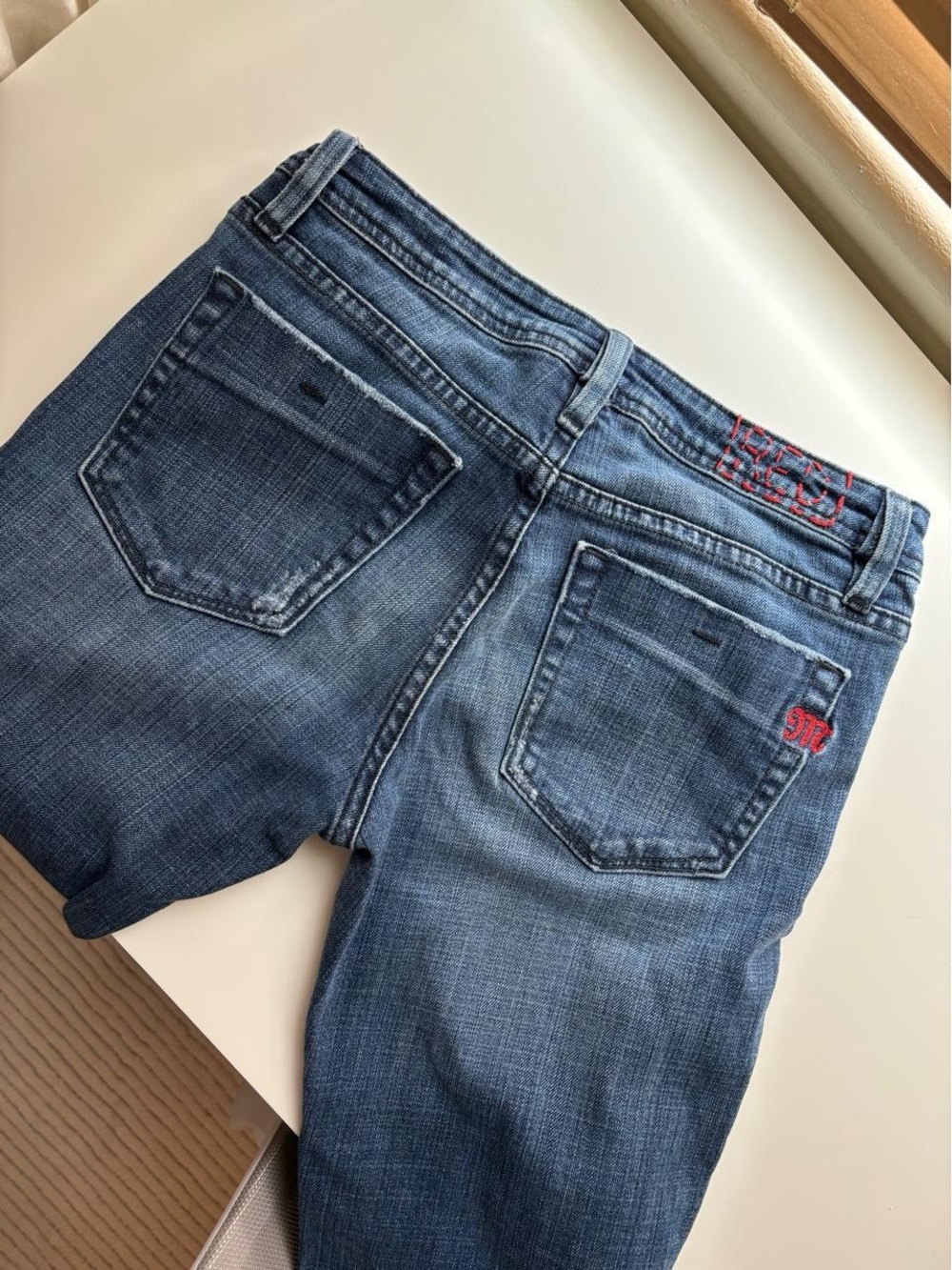 Miss Me Boot Cut Jeans in Blue with Red Embroidery